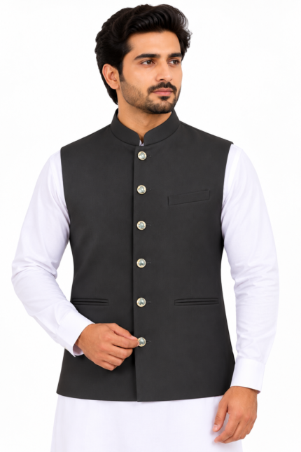 Premium Black Men's Nehru Waistcoat - Punjabi Threads product image 2