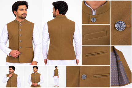 Premium Camel Brown Men's Nehru Waistcoat - Punjabi Threads product image 1