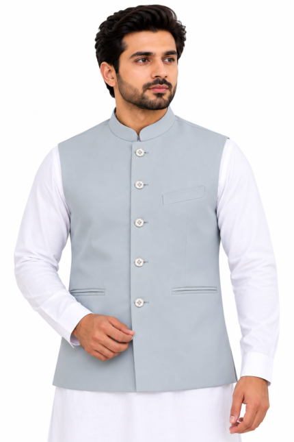 Premium Ice Grey Men's Nehru Waistcoat - Punjabi Threads product image 2