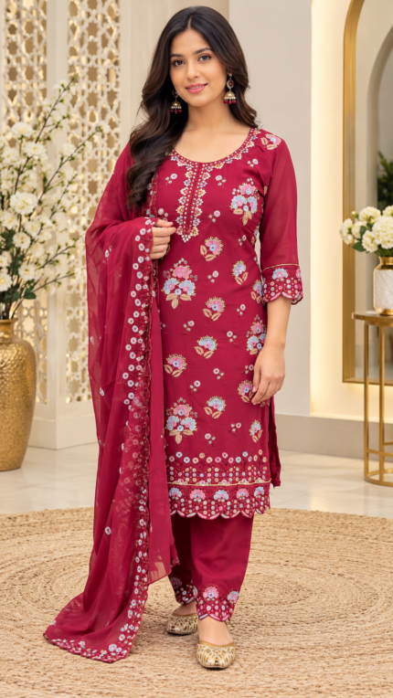 Royal Burgundy Floral Salwar Suit - Punjabi Threads product image 2