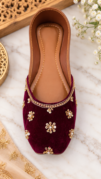 Royal Burgundy Velvet Jutti - Punjabi Threads product image 2