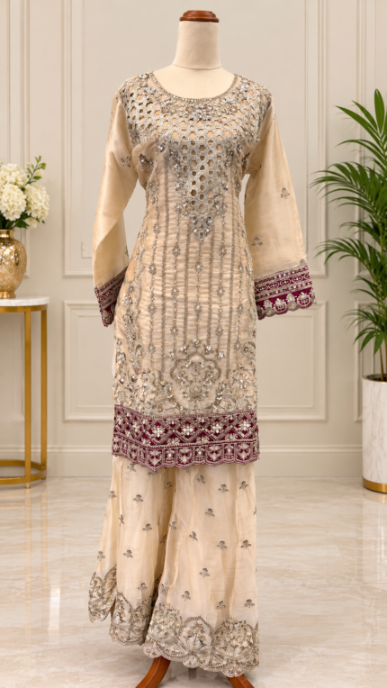 Royal Champagne Beige & Burgundy Embroidered Sharara Suit - Punjabi Threads product image 1