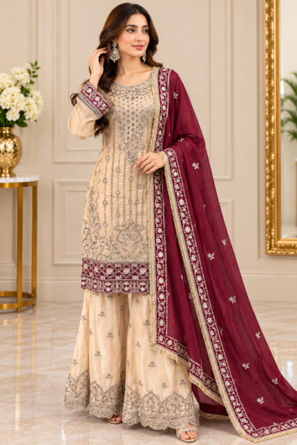 Royal Champagne Beige & Burgundy Embroidered Sharara Suit - Punjabi Threads product image 2