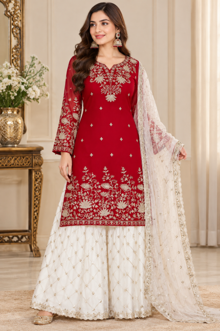 Royal Crimson Red Sharara Suit - Punjabi Threads product image 1