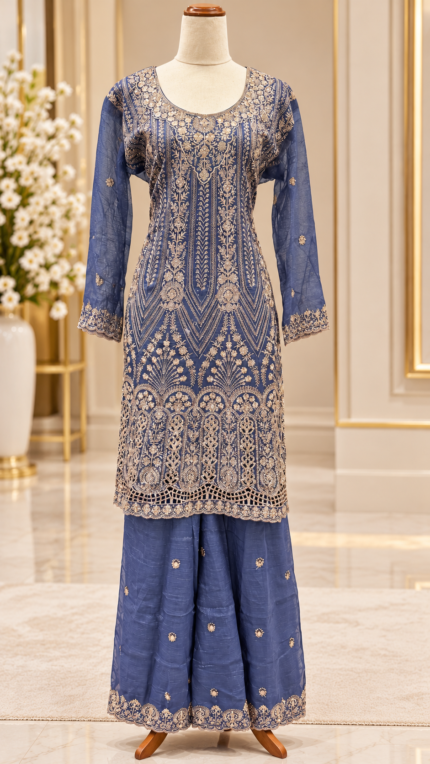 Royal Dusty Blue Anarkali Sharara Suit - Punjabi Threads product image 1