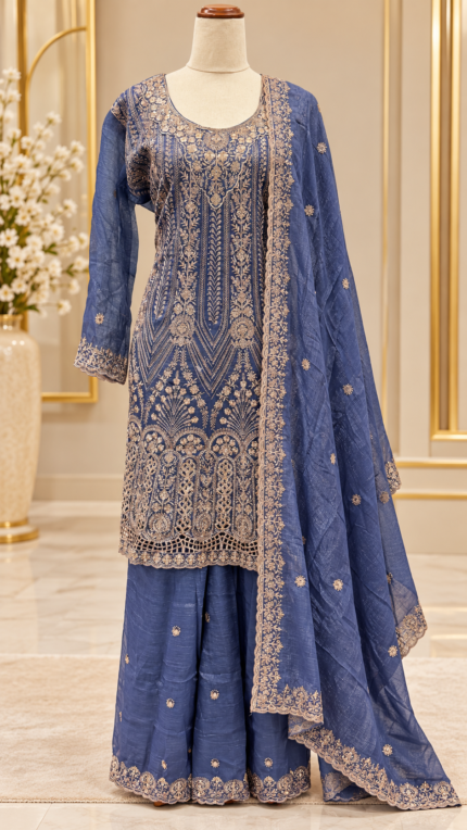 Royal Dusty Blue Anarkali Sharara Suit - Punjabi Threads product image 2