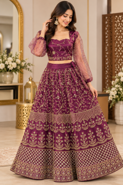 Royal Plum Purple Gold Embroidered Designer Lehenga Choli - Punjabi Threads product image 1