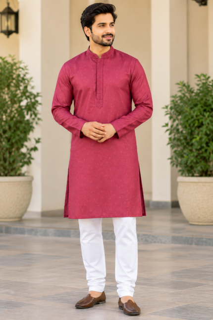 Royal Rose Maroon Jacquard Kurta Pajama Set - Punjabi Threads product image 1
