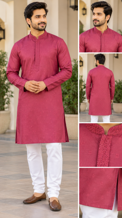 Royal Rose Maroon Jacquard Kurta Pajama Set - Punjabi Threads product image 2