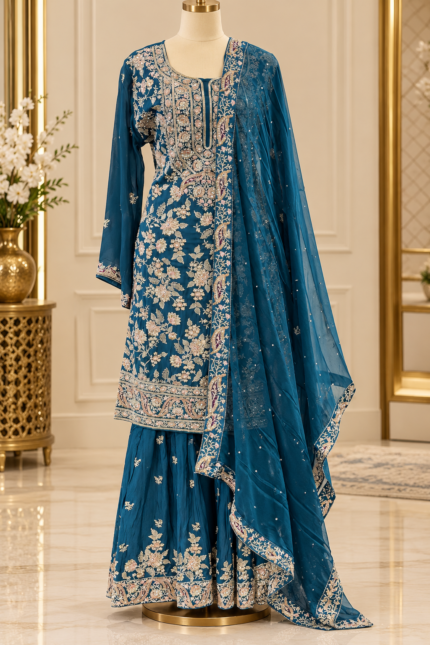 Royal Teal Blue Embroidered Sharara Suit - Punjabi Threads product image 1