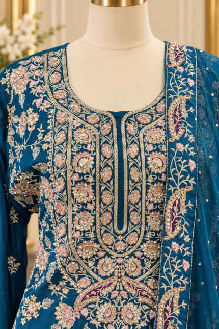 Royal Teal Blue Embroidered Sharara Suit - Punjabi Threads product image 2