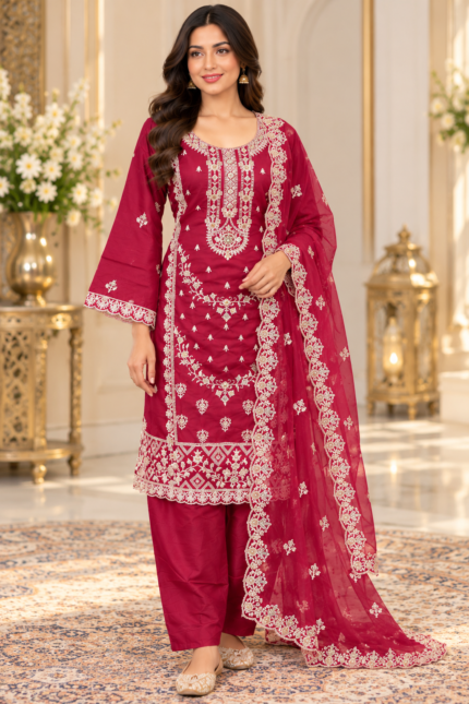 Royal Wine Maroon Embroidered Salwar Kameez - Punjabi Threads product image 1